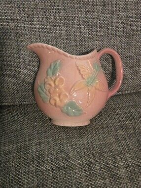 Vintage  Wall Pocket Pink Floral Butterfly Ceramic Pitcher - Decorative Home Art